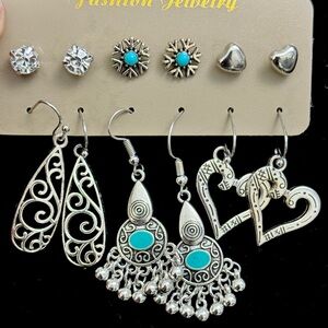 6 Pair Earring Set-Turquoise Drops+Heart Hoops+Stud Bundle